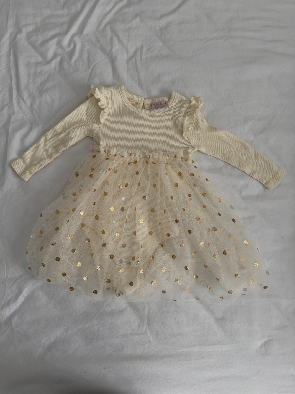 Baby girl Cream Long-Sleeve Tutu Dress with Gold Polka Dots size 12-18months